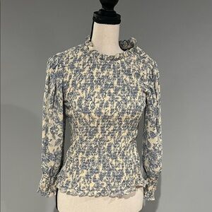 Express Floral Smocked Blouse in Blue and Cream